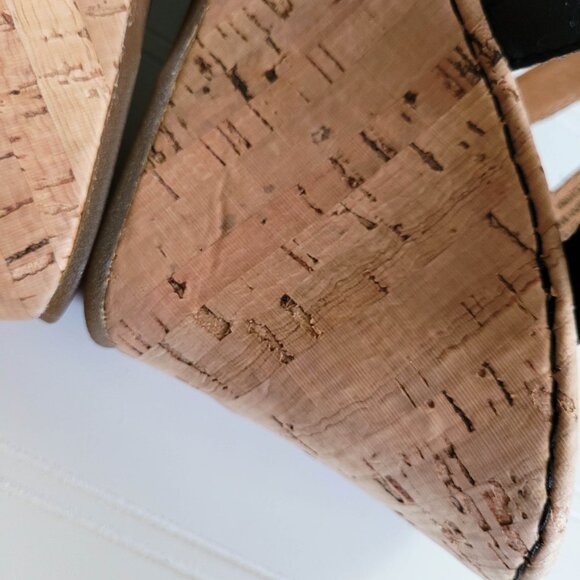 Born Lisi Sandals Womens 7 / 38 Black Leather Strappy Cork Wedge Heels Slides - Picture 8 of 12